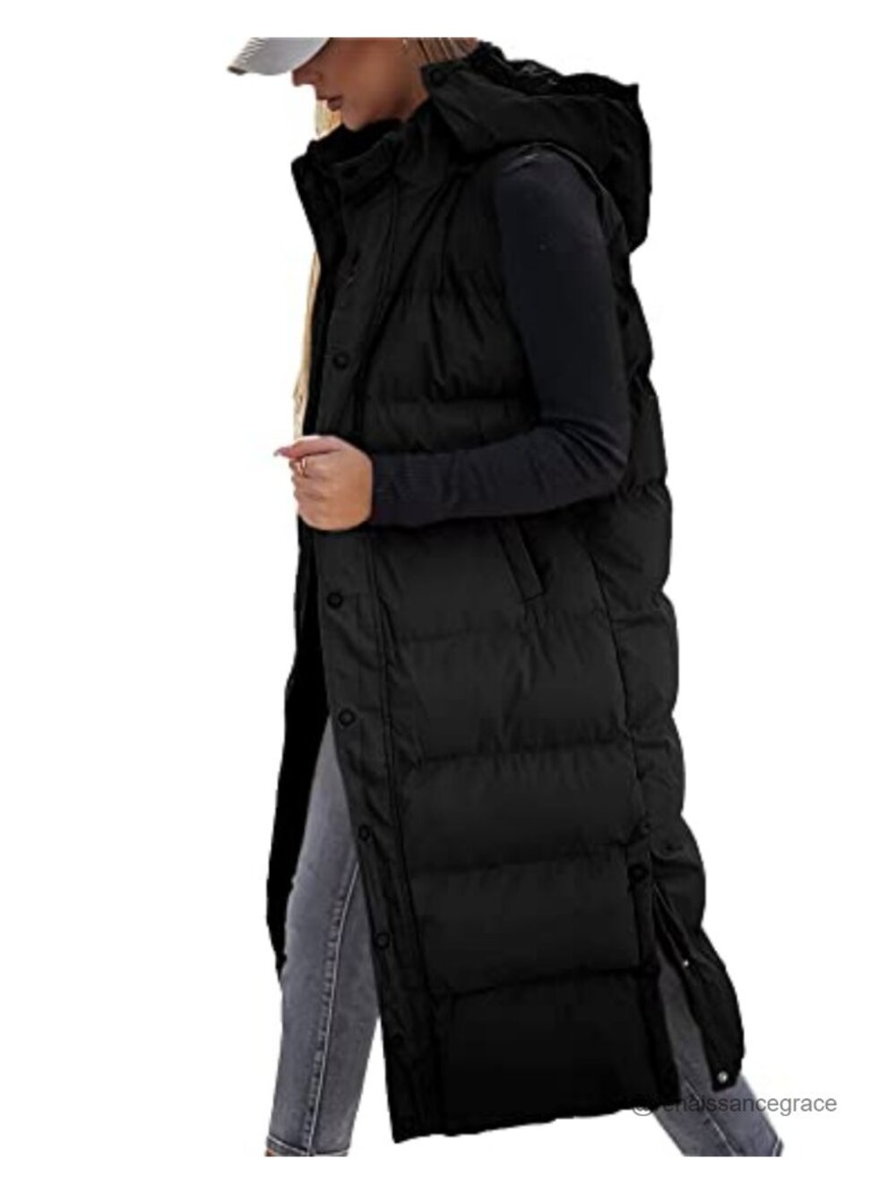 Womens Long Quilted Puffer Vest Hooded Button Down Sleeveless Winter Outerwear